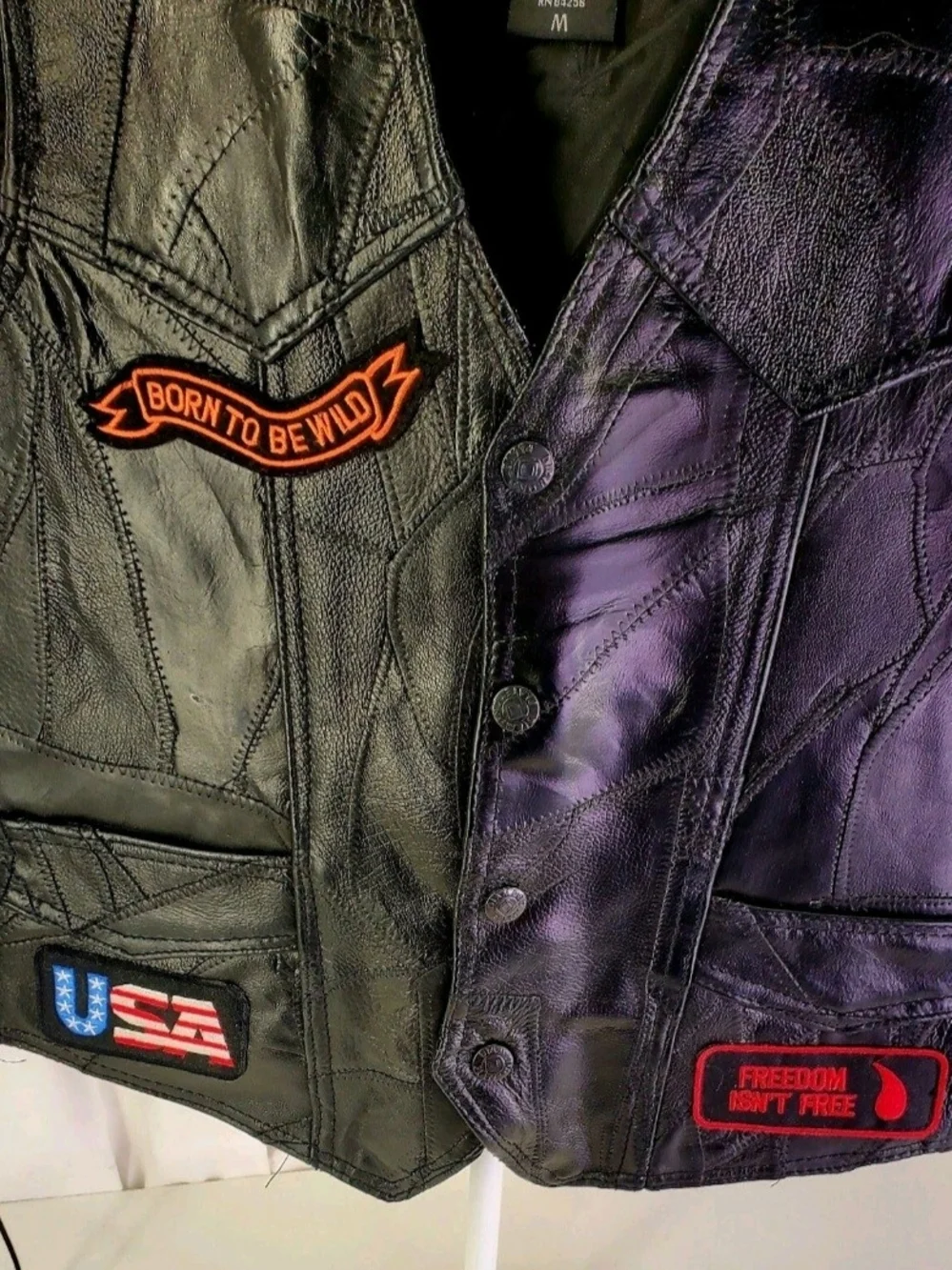 Diamond Plate Buffalo Black Leather Biker Vest with Side Lacing & Eagle Patch.